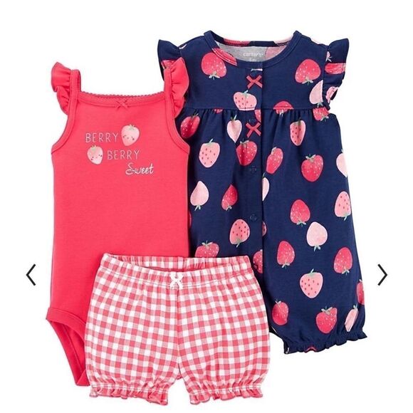 New with tags Carter’s 3 piece strawberry romper matching set - Picture 1 of 3
